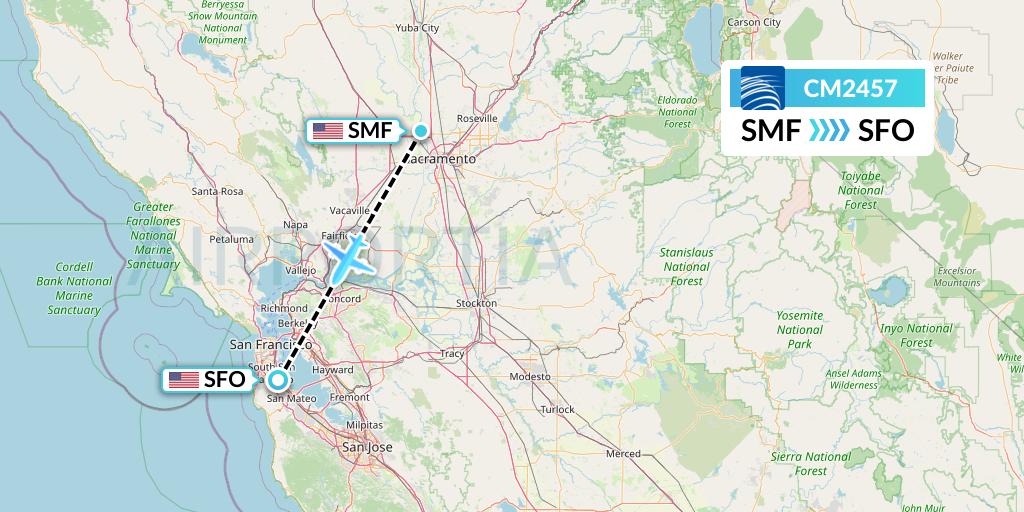 CM2457 Copa Airlines Flight Map: Sacramento to San Francisco