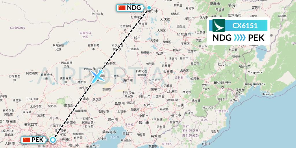 CX6151 Cathay Pacific Flight Map: Qiqihar to Beijing