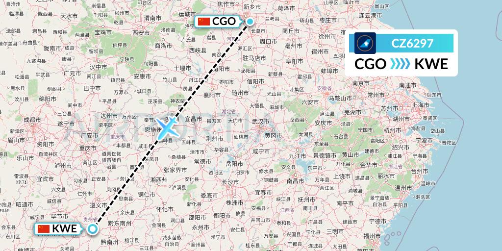 CZ6297 China Southern Airlines Flight Map: Zhengzhou to Guiyang