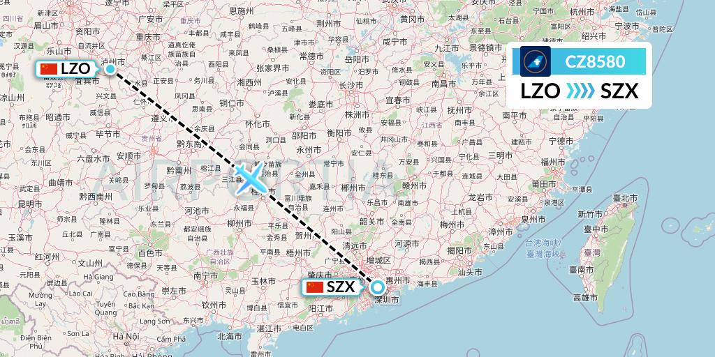 CZ8580 China Southern Airlines Flight Map: Luzhou to Shenzhen