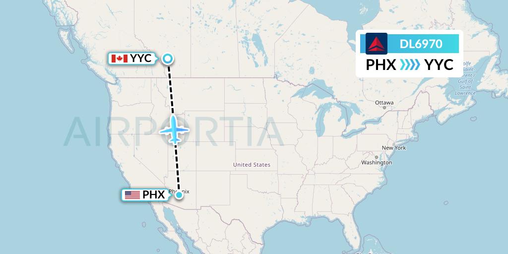DL6970 Delta Air Lines Flight Map: Phoenix to Calgary