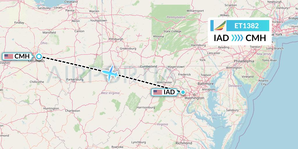 ET1382 Ethiopian Airlines Flight Map: Washington to Columbus