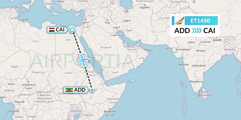 ET1450 Ethiopian Airlines Flight Map: Addis Ababa to Cairo