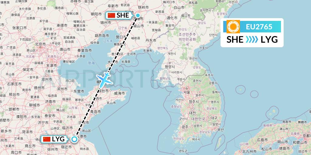 EU2765 Chengdu Airlines Flight Map: Shenyang to Lianyungang