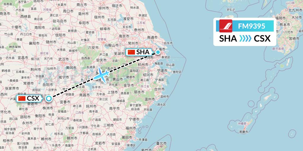 FM9395 Shanghai Airlines Flight Map: Shanghai to Changsha