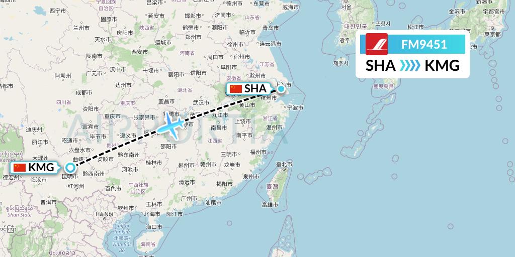 FM9451 Shanghai Airlines Flight Map: Shanghai to Kunming