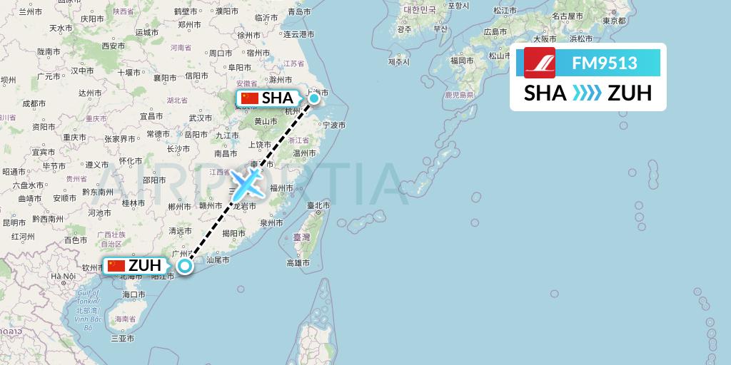 FM9513 Shanghai Airlines Flight Map: Shanghai to Zhuhai