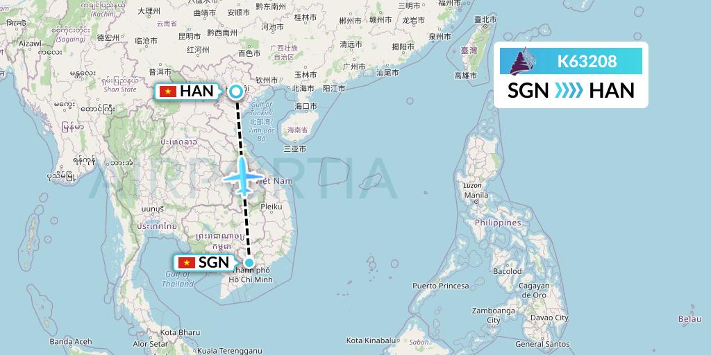 K63208 Cambodia Angkor Air Flight Map: Ho Chi Minh City to Hanoi