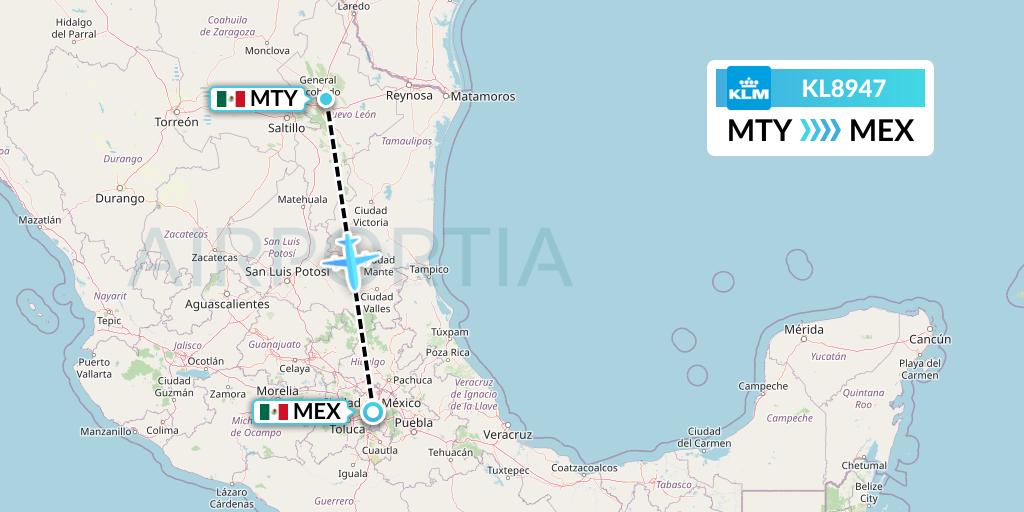 KL8947 KLM Flight Map: Monterrey to Mexico City