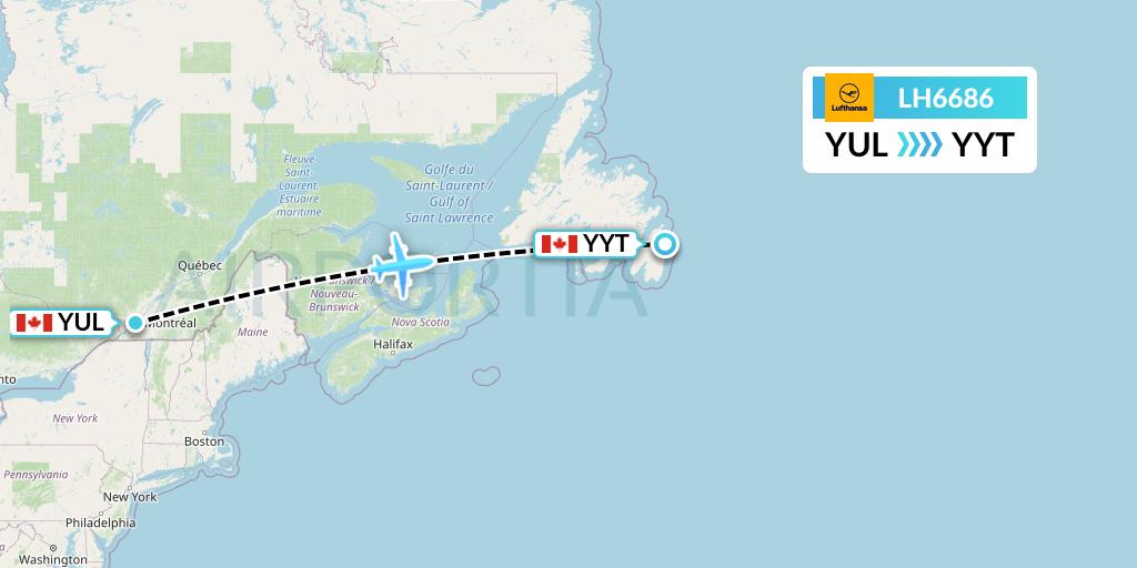LH6686 Lufthansa Flight Map: Montreal to St. John's