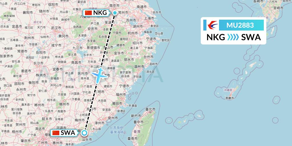 MU2883 China Eastern Airlines Flight Map: Nanjing to Jieyang