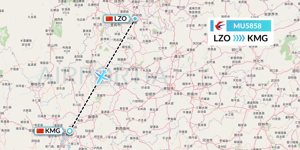 MU5858 China Eastern Airlines Flight Map: Luzhou to Kunming