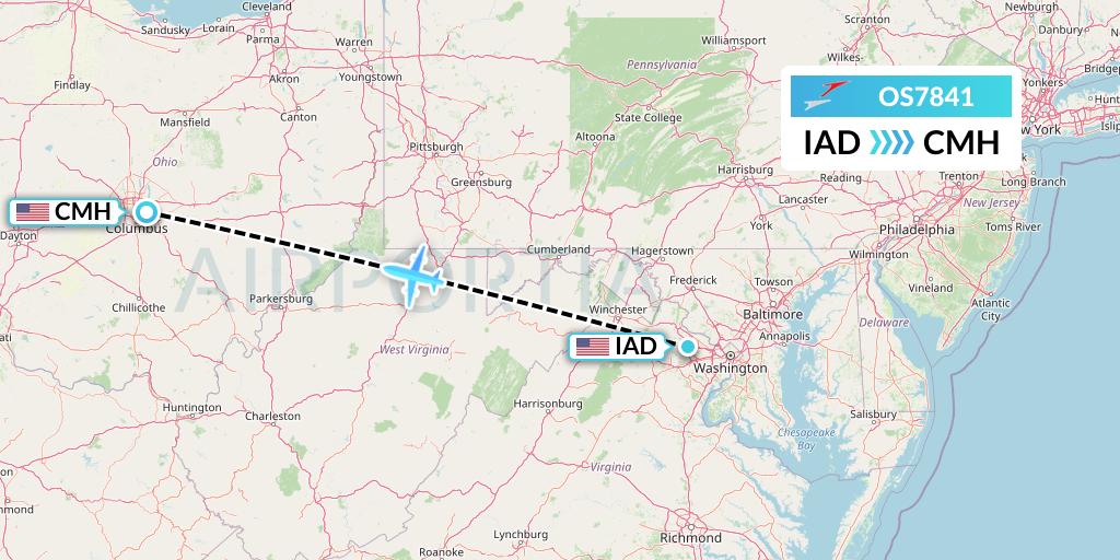 OS7841 Austrian Airlines Flight Map: Washington to Columbus