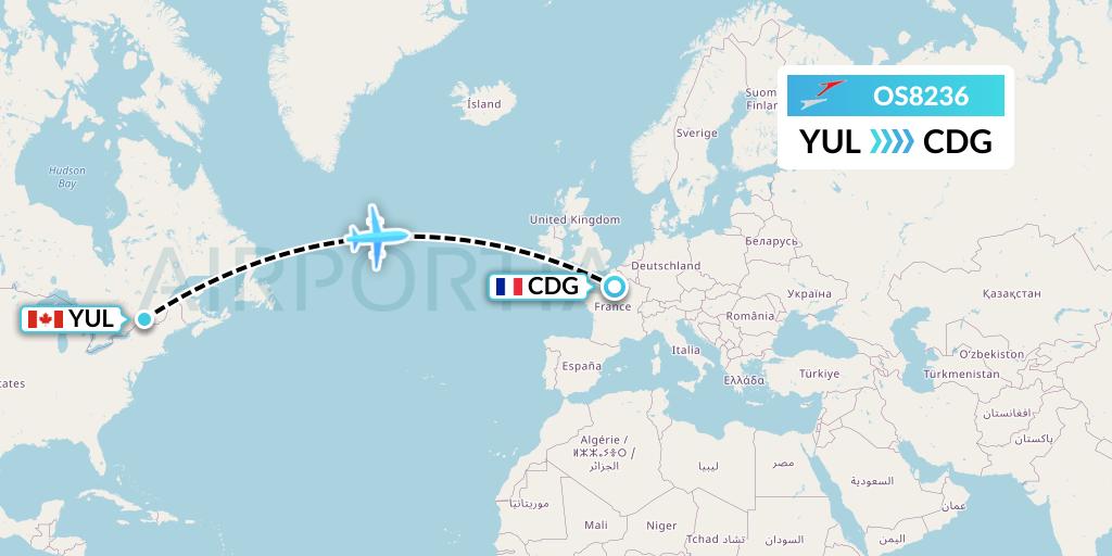 OS8236 Austrian Airlines Flight Map: Montreal to Paris