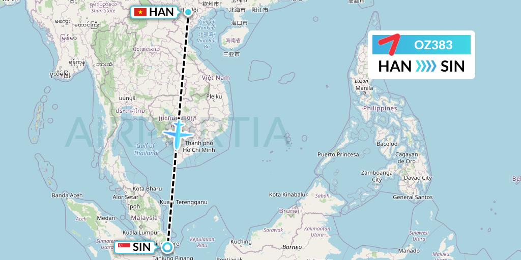 OZ383 Asiana Airlines Flight Map: Hanoi to Singapore