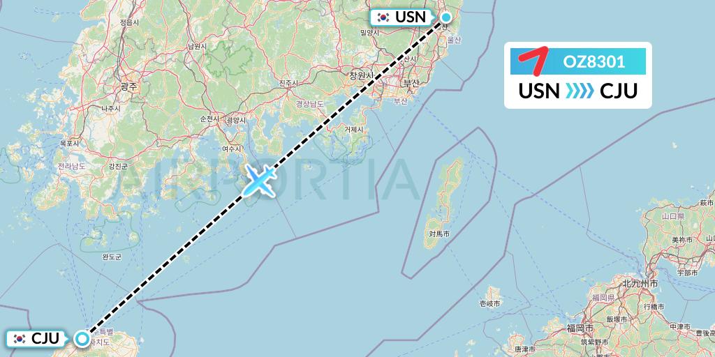 OZ8301 Asiana Airlines Flight Map: Ulsan to Jeju