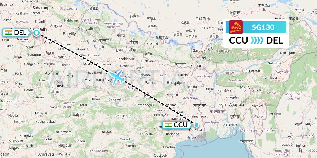 SG130 SpiceJet Flight Map: Kolkata to Delhi