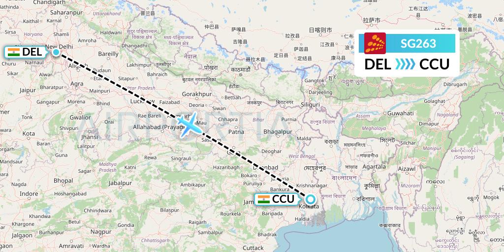 SG263 SpiceJet Flight Map: Delhi to Kolkata