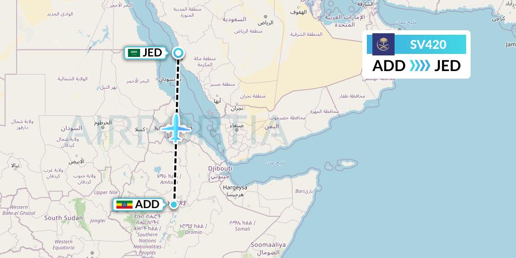 SV420 Saudi Arabian Airlines Flight Map: Addis Ababa to Jeddah
