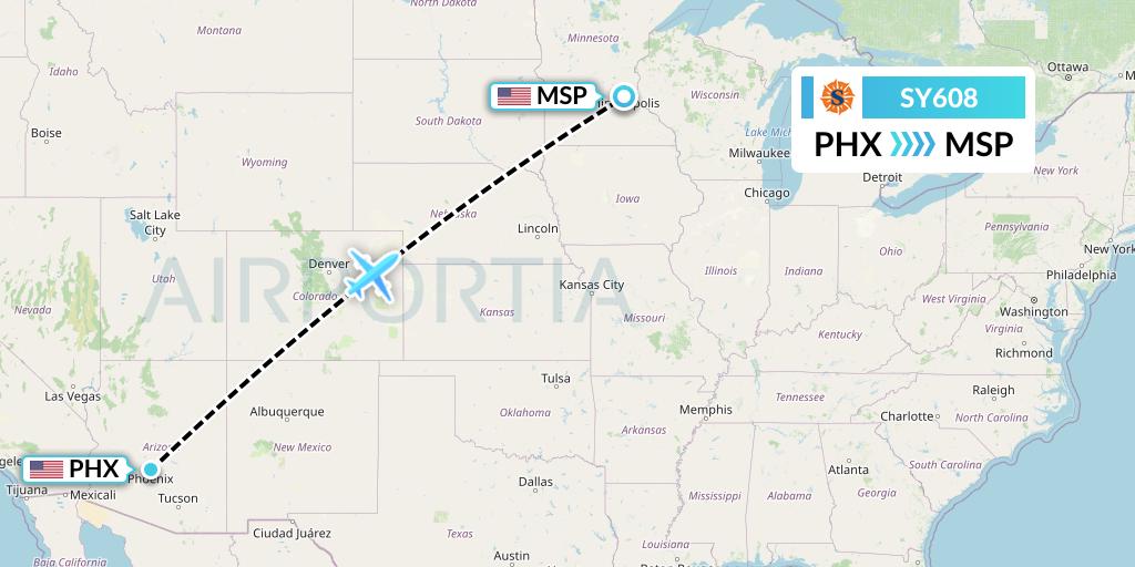 SY608 Sun Country Airlines Flight Map: Phoenix to Minneapolis