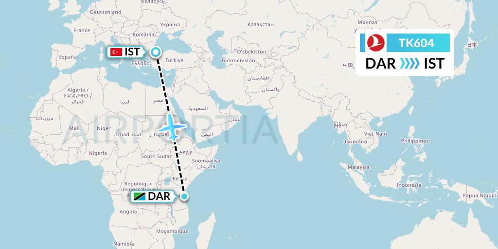 TK604 Turkish Airlines Flight Map: Dar-es-Salaam to Istanbul