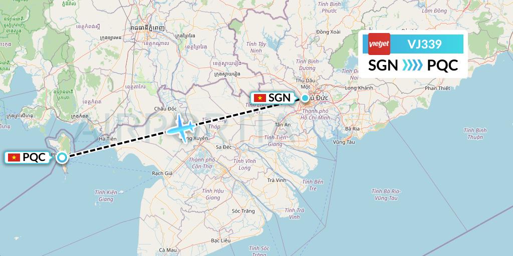 VJ339 VietJet Air Flight Map: Ho Chi Minh City to Phu Quoc