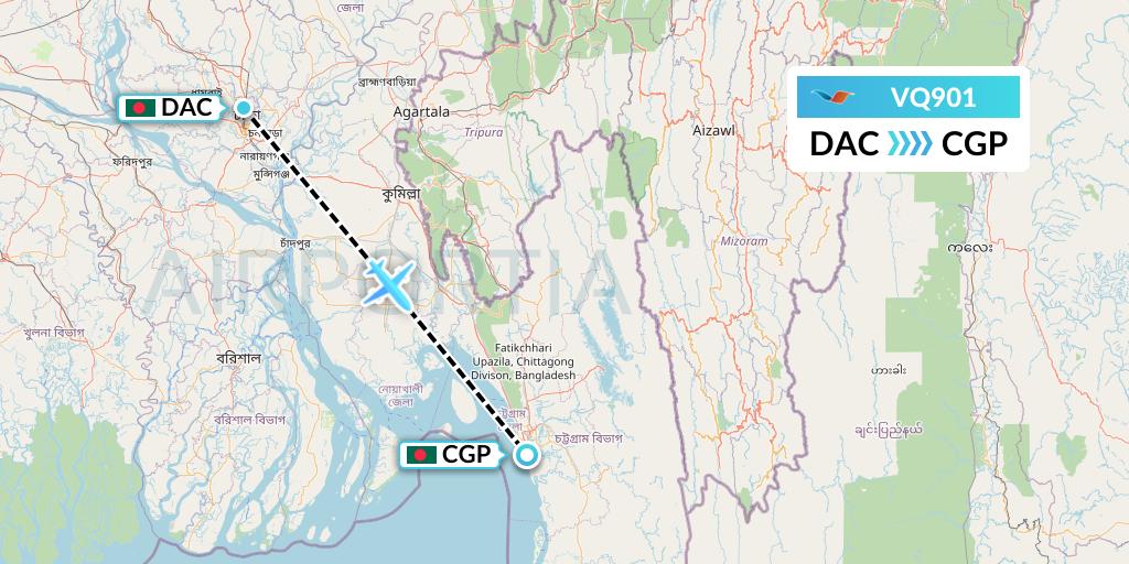 VQ901 Novoair Flight Map: Dhaka to Chittagong