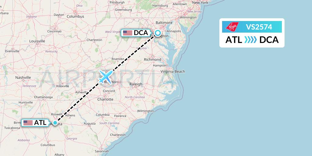 VS2574 Virgin Atlantic Airways Flight Map: Atlanta to Washington