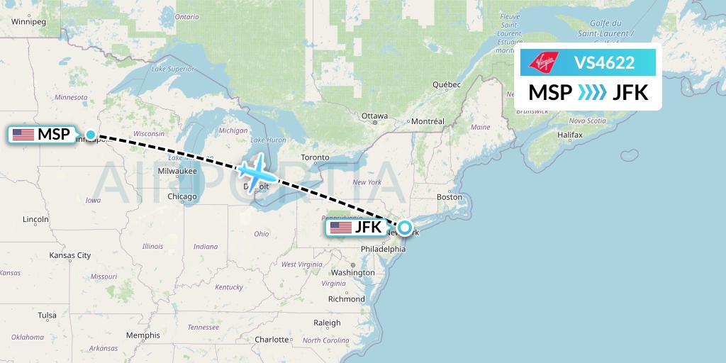 VS4622 Virgin Atlantic Airways Flight Map: Minneapolis to New York