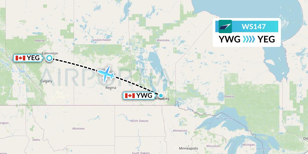 WS147 WestJet Flight Map: Winnipeg to Edmonton