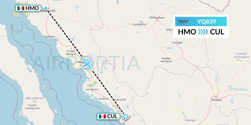 YQ839 TAR Aerolineas Flight Map: Hermosillo to Culiacan