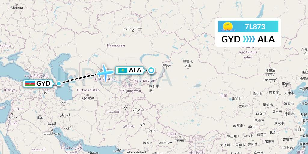 7L873 Silk Way West Airlines Flight Map: Baku to Almaty