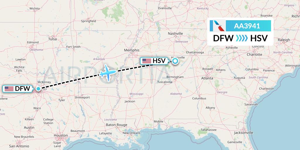 AA3941 American Airlines Flight Map: Dallas to Huntsville