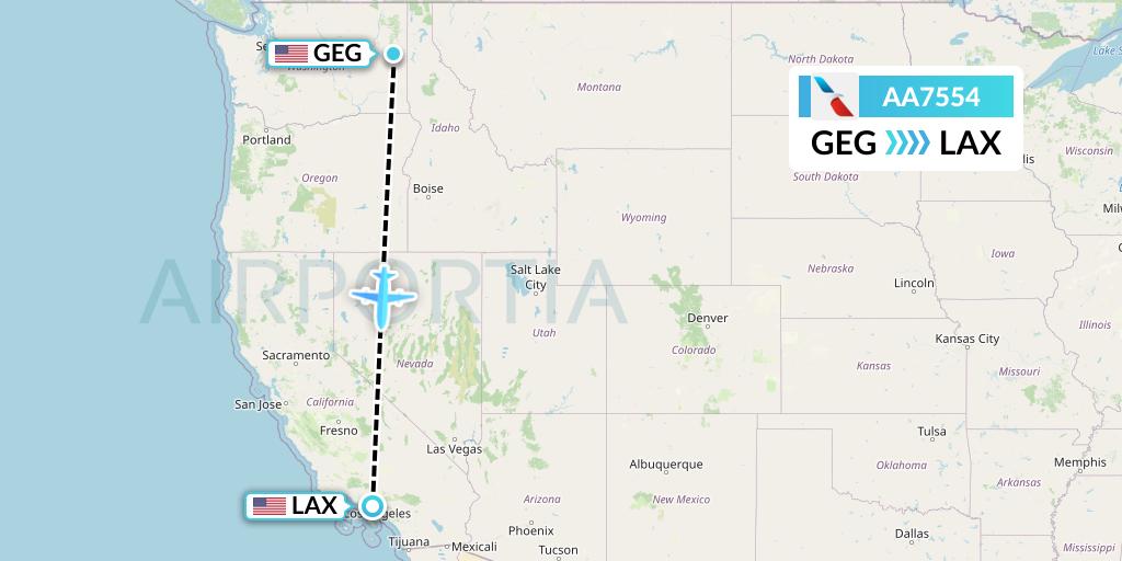 AA7554 American Airlines Flight Map: Spokane to Los Angeles