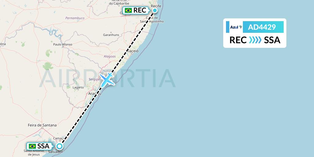 AD4429 Azul Brazilian Airlines Flight Map: Recife to Salvador