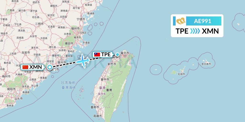 AE991 Mandarin Airlines Flight Map: Taipei to Xiamen