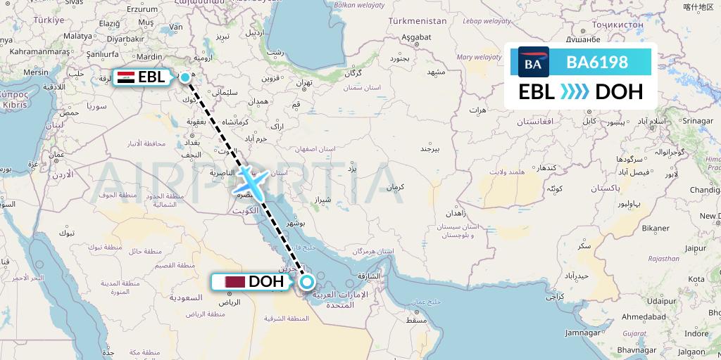 BA6198 British Airways Flight Map: Arbil to Doha