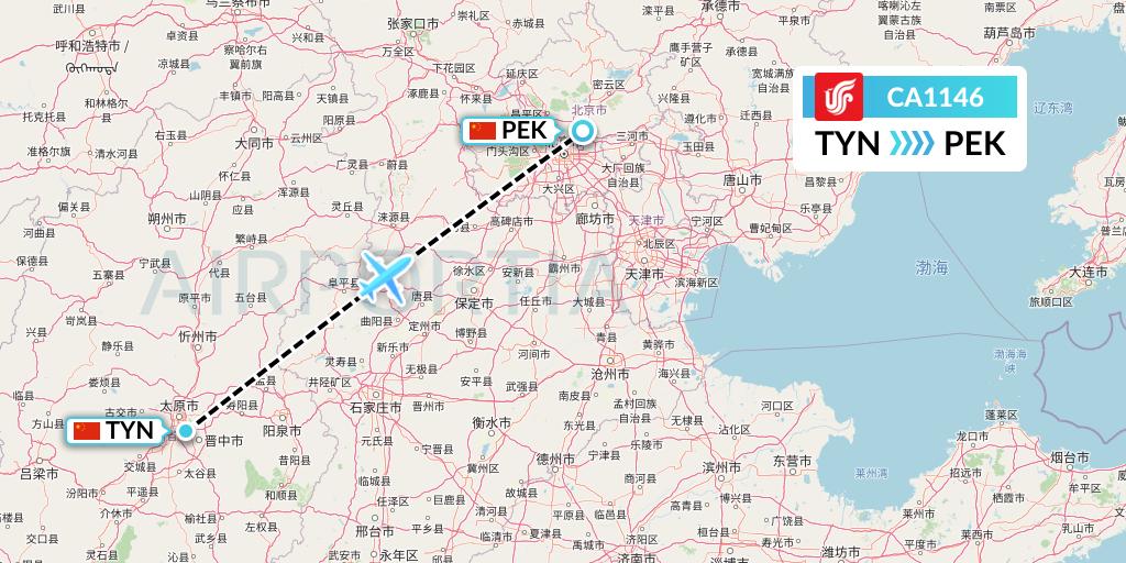CA1146 Air China Flight Map: Taiyuan to Beijing