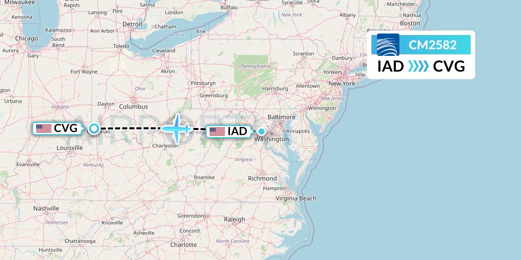 CM2582 Copa Airlines Flight Map: Washington to Cincinnati