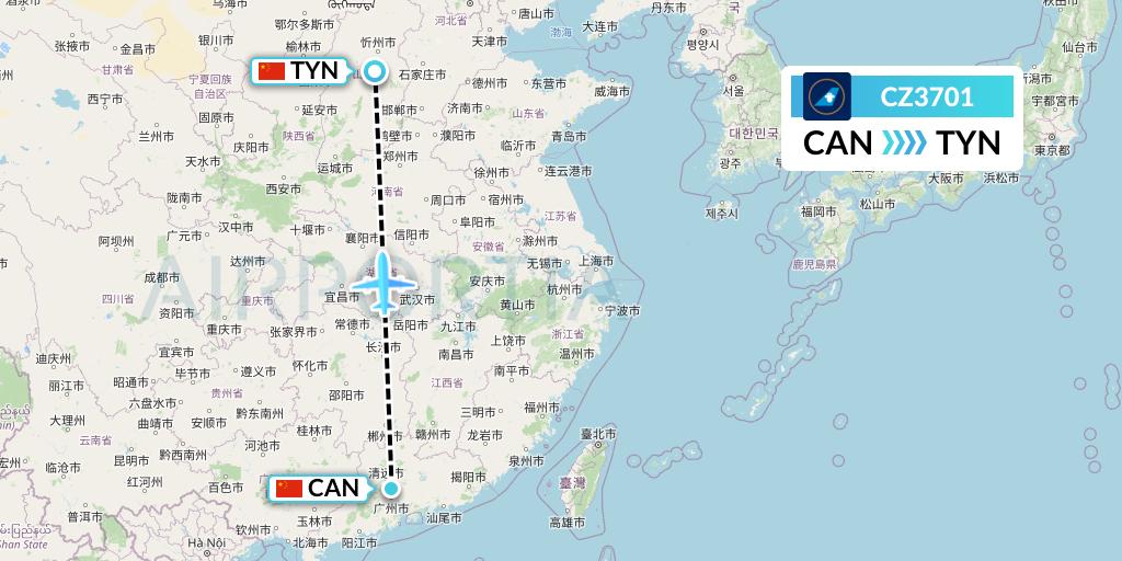 CZ3701 China Southern Airlines Flight Map: Guangzhou to Taiyuan
