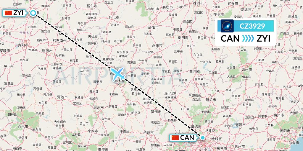 CZ3929 China Southern Airlines Flight Map: Guangzhou to Zunyi
