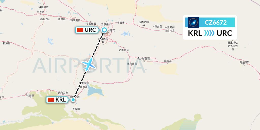 CZ6672 China Southern Airlines Flight Map: Korla to Urumqi