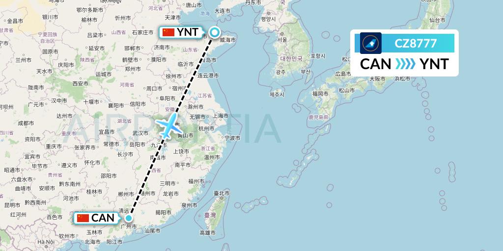 CZ8777 China Southern Airlines Flight Map: Guangzhou to Yantai