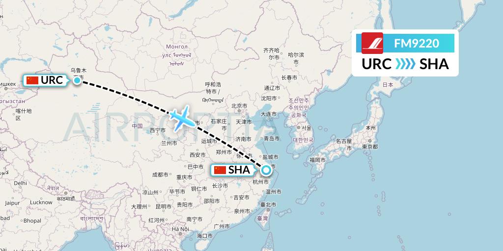 FM9220 Shanghai Airlines Flight Map: Urumqi to Shanghai