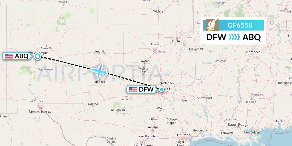 GF6558 Gulf Air Flight Map: Dallas to Albuquerque