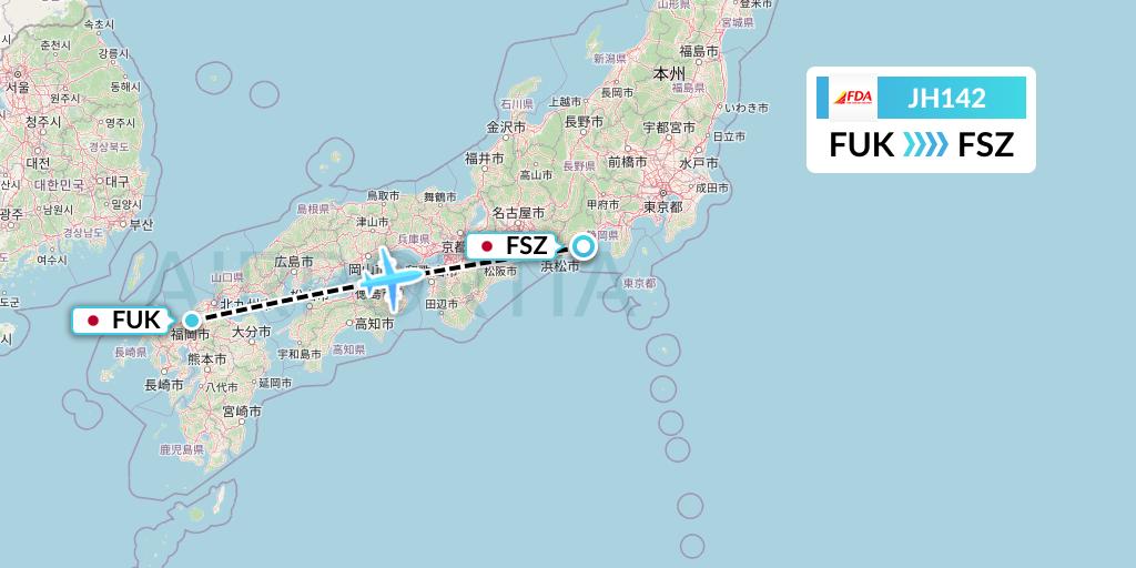 JH142 Fuji Dream Airlines Flight Map: Fukuoka to Shizuoka