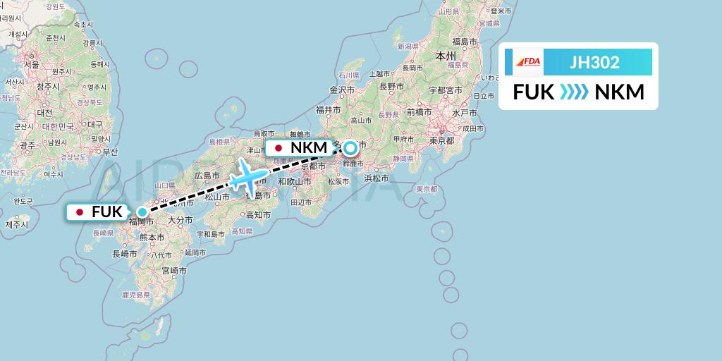 JH302 Fuji Dream Airlines Flight Map: Fukuoka to Nagoya