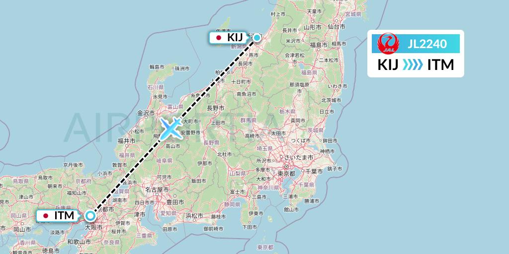 JL2240 Japan Airlines Flight Map: Niigata to Osaka