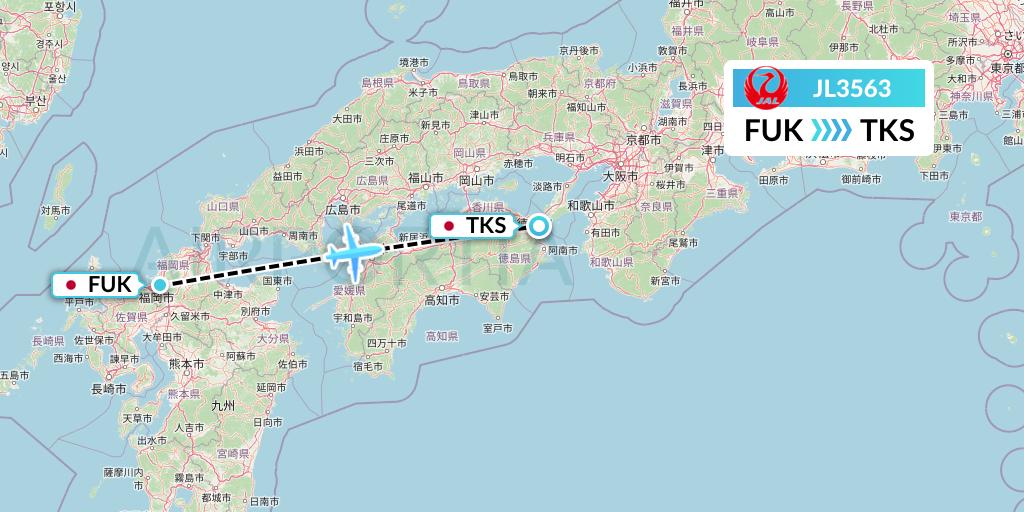 JL3563 Japan Airlines Flight Map: Fukuoka to Tokushima