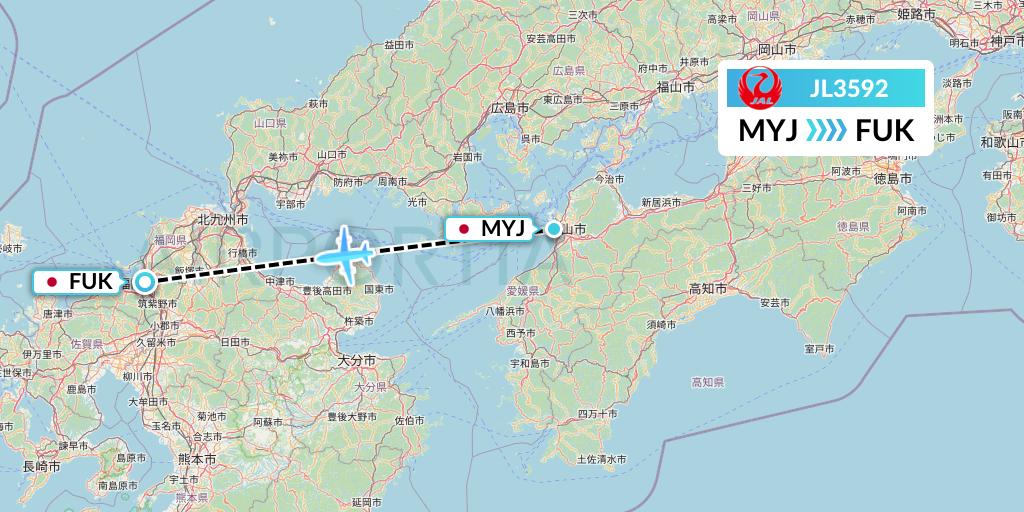 JL3592 Japan Airlines Flight Map: Matsuyama to Fukuoka